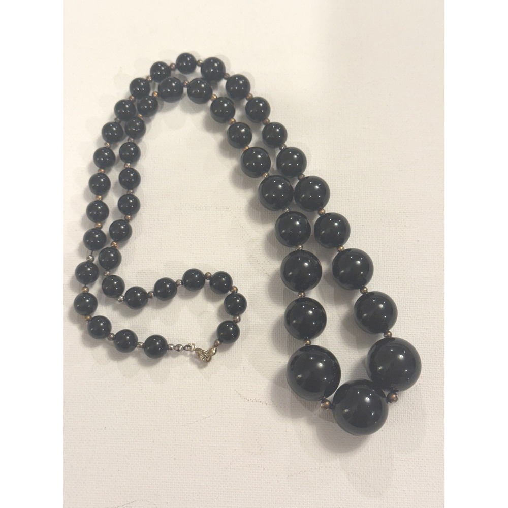 Graduated Black Bead Long Necklace Gold Tone Spacers‎ Statement Y2K Minimalist
